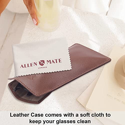 ALLEN & MATE Real Leather Reading Glasses Case Slim Soft Spectacles Pouch Sleeve with Glass Cleaning Cloth