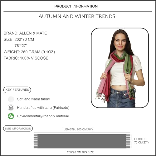 ALLEN & MATE Handcrafted Soft Pashmina Shawl Scarf Wrap Stole for Women in Solid Colors