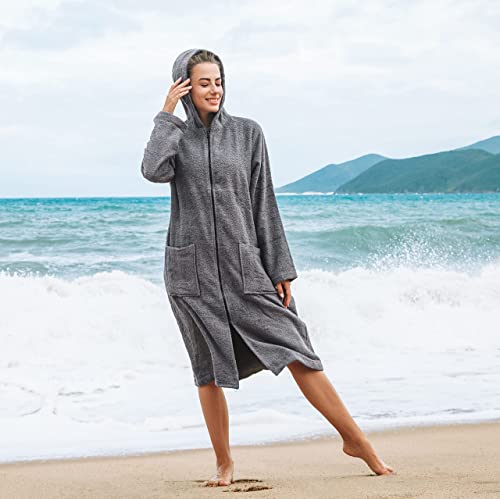 ALLEN & MATE Ladies 100% Cotton Towelling Bathrobe Dressing Gown, Bath Towel for Ladies With Zip, Womens Hooded Dressing Gowns
