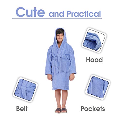 ALLEN & MATE Children 100% Cotton Hooded Bathrobe for Kids Boys Girls Soft Terry Towel Dressing Gown 2-13 Years
