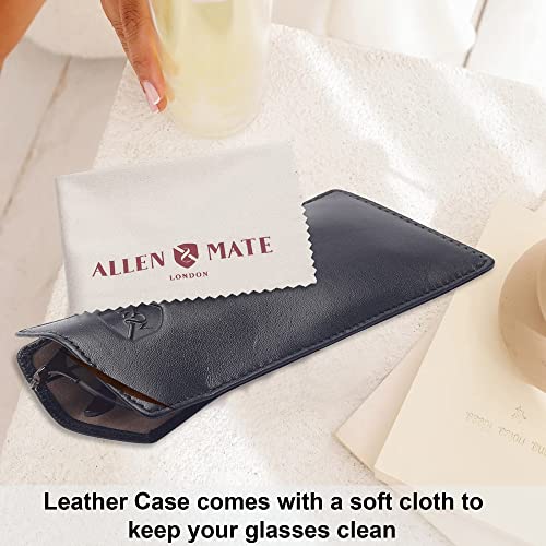 ALLEN & MATE Real Leather Reading Glasses Case Slim Soft Spectacles Pouch Sleeve with Glass Cleaning Cloth