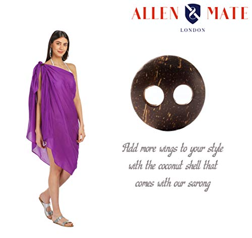 ALLEN & MATE Womens Cotton Beach Cover Up Sarong Pareo Swimsuit Cover-Up Wrap Skirt Many Solid Colours with Coconut Shell