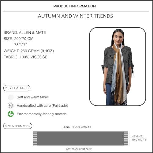 ALLEN & MATE Handcrafted Soft Pashmina Shawl Scarf Wrap Stole for Women in Solid Colors