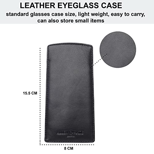 ALLEN & MATE Real Leather Reading Glasses Case Slim Soft Spectacles Pouch Sleeve with Glass Cleaning Cloth