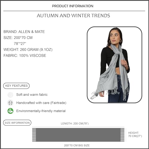 ALLEN & MATE Handcrafted Soft Pashmina Shawl Scarf Wrap Stole for Women in Solid Colors