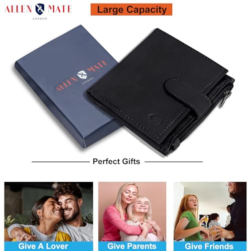 ALLEN & MATE Leather Card Holder Slim Wallet with Zip Coin Pocket, RFID Blocking Minimalist Wallet Credit Card Holder, Holds up to 7 Cards and Bank Notes, with Gift Box