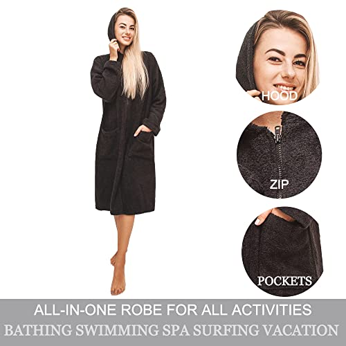 ALLEN & MATE Ladies 100% Cotton Towelling Bathrobe Dressing Gown, Bath Towel for Ladies With Zip, Womens Hooded Dressing Gowns