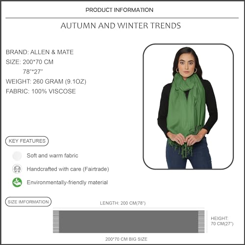 ALLEN & MATE Handcrafted Soft Pashmina Shawl Scarf Wrap Stole for Women in Solid Colors