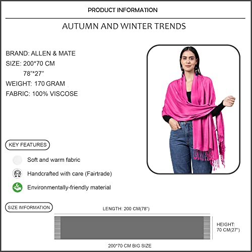 ALLEN & MATE Handcrafted Soft Pashmina Shawl Scarf Wrap Stole for Women in Solid Colors