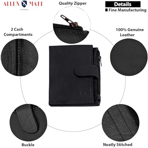 ALLEN & MATE Leather Card Holder Slim Wallet with Zip Coin Pocket, RFID Blocking Minimalist Wallet Credit Card Holder, Holds up to 7 Cards and Bank Notes, with Gift Box