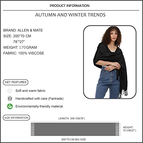 ALLEN & MATE Handcrafted Soft Pashmina Shawl Scarf Wrap Stole for Women in Solid Colors