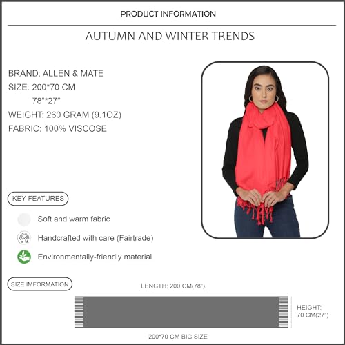 ALLEN & MATE Handcrafted Soft Pashmina Shawl Scarf Wrap Stole for Women in Solid Colors