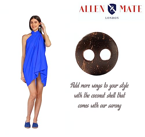 ALLEN & MATE Womens Cotton Beach Cover Up Sarong Pareo Swimsuit Cover-Up Wrap Skirt Many Solid Colours with Coconut Shell