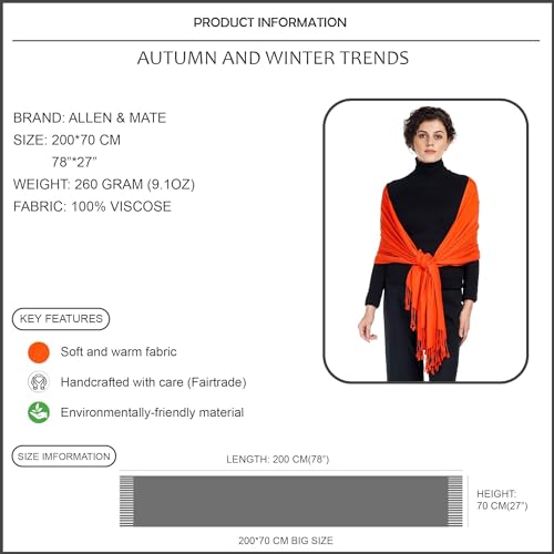 ALLEN & MATE Handcrafted Soft Pashmina Shawl Scarf Wrap Stole for Women in Solid Colors