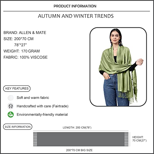 ALLEN & MATE Handcrafted Soft Pashmina Shawl Scarf Wrap Stole for Women in Solid Colors