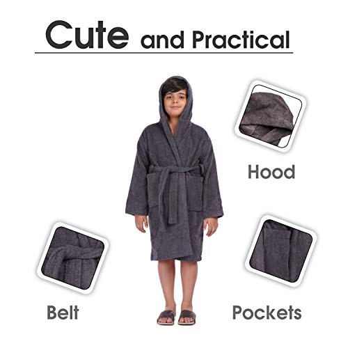 ALLEN & MATE Children 100% Cotton Hooded Bathrobe for Kids Boys Girls Soft Terry Towel Dressing Gown 2-13 Years