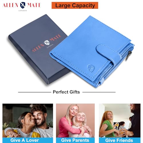 ALLEN & MATE Leather Card Holder Slim Wallet with Zip Coin Pocket, RFID Blocking Minimalist Wallet Credit Card Holder, Holds up to 7 Cards and Bank Notes, with Gift Box