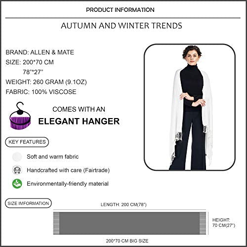 ALLEN & MATE Handcrafted Soft Pashmina Shawl Scarf Wrap Stole for Women in Solid Colors