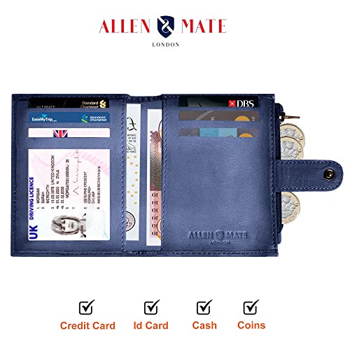 ALLEN & MATE Leather Card Holder Slim Wallet with Zip Coin Pocket, RFID Blocking Minimalist Wallet Credit Card Holder, Holds up to 7 Cards and Bank Notes, with Gift Box