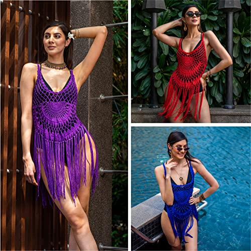 ALLEN & MATE Sexy Lace Swimsuit Cover Up for Women Handmade Crochet Tassel Bathing Suit Swimwear Summer Beach Dress