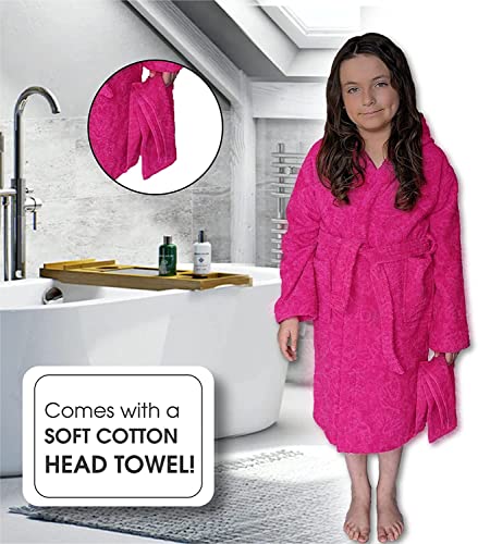 ALLEN & MATE Children 100% Cotton Hooded Bathrobe for Kids Boys Girls Soft Terry Towel Dressing Gown 2-13 Years
