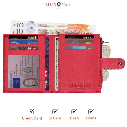 ALLEN & MATE Leather Card Holder Slim Wallet with Zip Coin Pocket, RFID Blocking Minimalist Wallet Credit Card Holder, Holds up to 7 Cards and Bank Notes, with Gift Box