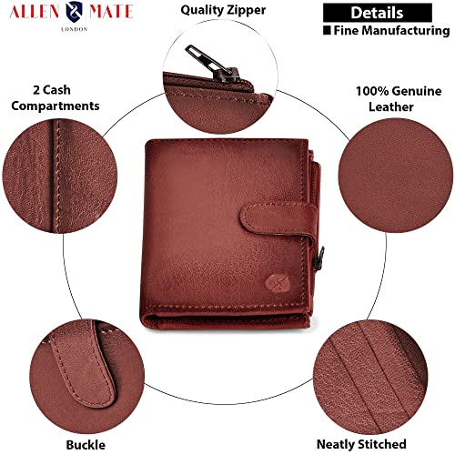 ALLEN & MATE Leather Card Holder Slim Wallet with Zip Coin Pocket, RFID Blocking Minimalist Wallet Credit Card Holder, Holds up to 7 Cards and Bank Notes, with Gift Box