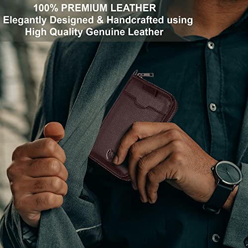 ALLEN & MATE Mens Wallet with Zip, RFID Blocking Slim Leather Wallet, Credit Card Holder, Leather Zipped Wallet for Men Women, Holds up to 12 Cards, Bank Notes, Coins