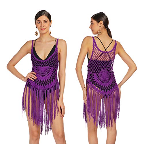 ALLEN & MATE Sexy Lace Swimsuit Cover Up for Women Handmade Crochet Tassel Bathing Suit Swimwear Summer Beach Dress