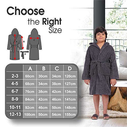 ALLEN & MATE Children 100% Cotton Hooded Bathrobe for Kids Boys Girls Soft Terry Towel Dressing Gown 2-13 Years
