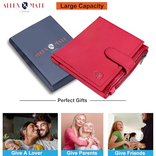 ALLEN & MATE Leather Card Holder Slim Wallet with Zip Coin Pocket, RFID Blocking Minimalist Wallet Credit Card Holder, Holds up to 7 Cards and Bank Notes, with Gift Box