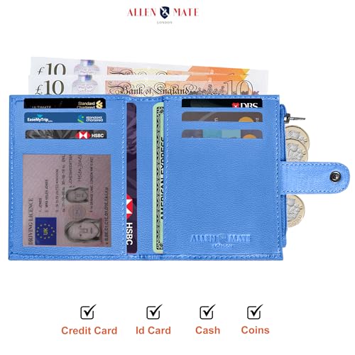 ALLEN & MATE Leather Card Holder Slim Wallet with Zip Coin Pocket, RFID Blocking Minimalist Wallet Credit Card Holder, Holds up to 7 Cards and Bank Notes, with Gift Box