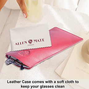 ALLEN & MATE Real Leather Reading Glasses Case Slim Soft Spectacles Pouch Sleeve with Glass Cleaning Cloth