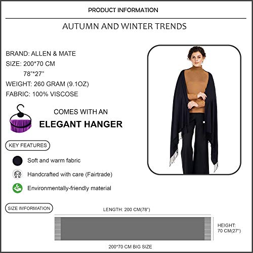 ALLEN & MATE Handcrafted Soft Pashmina Shawl Scarf Wrap Stole for Women in Solid Colors