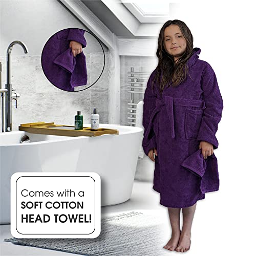 ALLEN & MATE Children 100% Cotton Hooded Bathrobe for Kids Boys Girls Soft Terry Towel Dressing Gown 2-13 Years