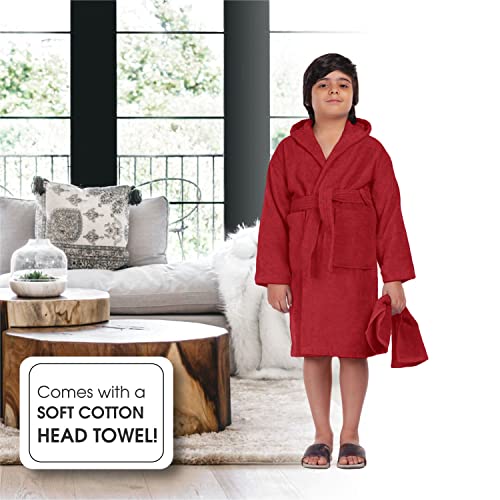ALLEN & MATE Children 100% Cotton Hooded Bathrobe for Kids Boys Girls Soft Terry Towel Dressing Gown 2-13 Years