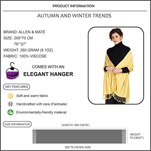 ALLEN & MATE Handcrafted Soft Pashmina Shawl Scarf Wrap Stole for Women in Solid Colors