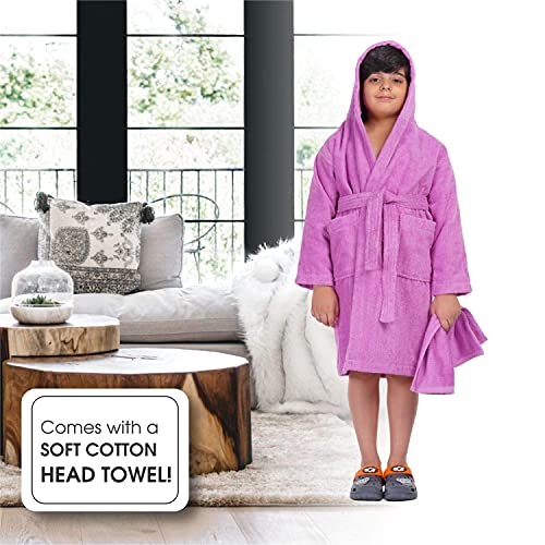 ALLEN & MATE Children 100% Cotton Hooded Bathrobe for Kids Boys Girls Soft Terry Towel Dressing Gown 2-13 Years
