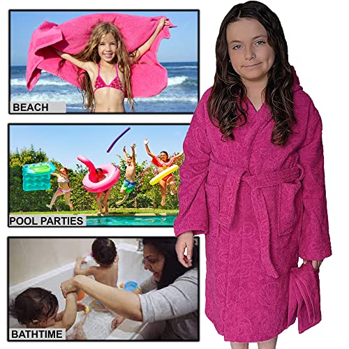 ALLEN & MATE Children 100% Cotton Hooded Bathrobe for Kids Boys Girls Soft Terry Towel Dressing Gown 2-13 Years