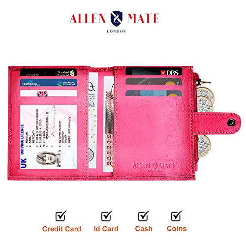 ALLEN & MATE Leather Card Holder Slim Wallet with Zip Coin Pocket, RFID Blocking Minimalist Wallet Credit Card Holder, Holds up to 7 Cards and Bank Notes, with Gift Box