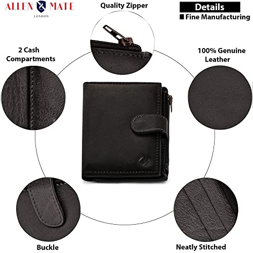 ALLEN & MATE Leather Card Holder Slim Wallet with Zip Coin Pocket, RFID Blocking Minimalist Wallet Credit Card Holder, Holds up to 7 Cards and Bank Notes, with Gift Box