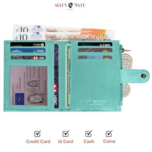 ALLEN & MATE Leather Card Holder Slim Wallet with Zip Coin Pocket, RFID Blocking Minimalist Wallet Credit Card Holder, Holds up to 7 Cards and Bank Notes, with Gift Box