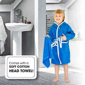 ALLEN & MATE Dressing Gown Kids, 100% Cotton Bathrobes with Hoodie and Pockets, Terry Towel Dressing Gown for Girls, Boys 3-12 Years