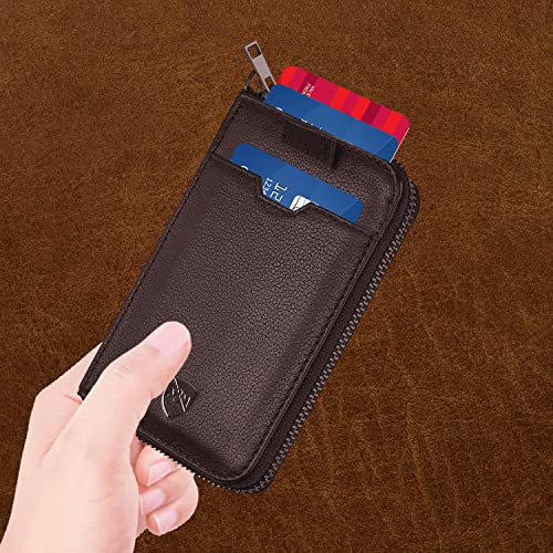 ALLEN & MATE Mens Wallet with Zip, RFID Blocking Slim Leather Wallet, Credit Card Holder, Leather Zipped Wallet for Men Women, Holds up to 12 Cards, Bank Notes, Coins