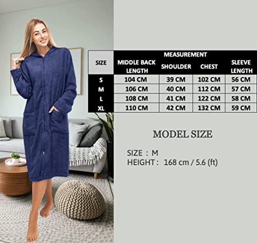 ALLEN & MATE Ladies 100% Cotton Towelling Bathrobe Dressing Gown, Bath Towel for Ladies With Zip, Womens Hooded Dressing Gowns
