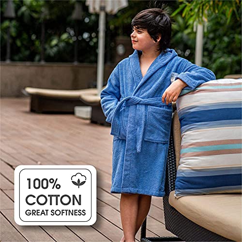 ALLEN & MATE Children 100% Cotton Hooded Bathrobe for Kids Boys Girls Soft Terry Towel Dressing Gown 2-13 Years