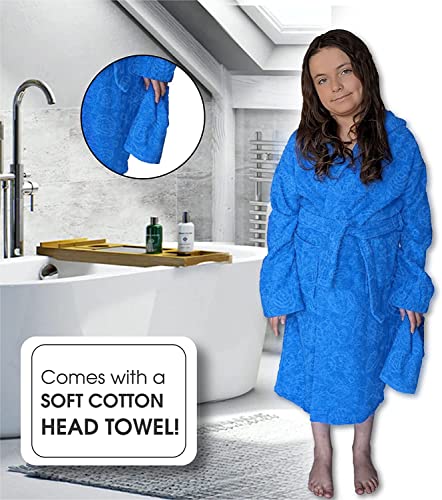 ALLEN & MATE Children 100% Cotton Hooded Bathrobe for Kids Boys Girls Soft Terry Towel Dressing Gown 2-13 Years