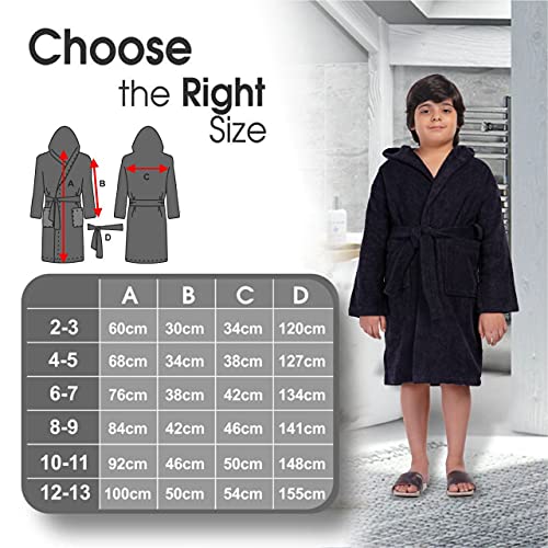 ALLEN & MATE Children 100% Cotton Hooded Bathrobe for Kids Boys Girls Soft Terry Towel Dressing Gown 2-13 Years