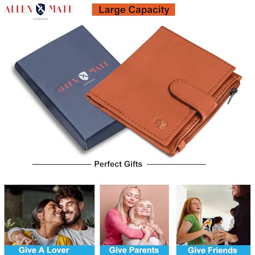 ALLEN & MATE Leather Card Holder Slim Wallet with Zip Coin Pocket, RFID Blocking Minimalist Wallet Credit Card Holder, Holds up to 7 Cards and Bank Notes, with Gift Box