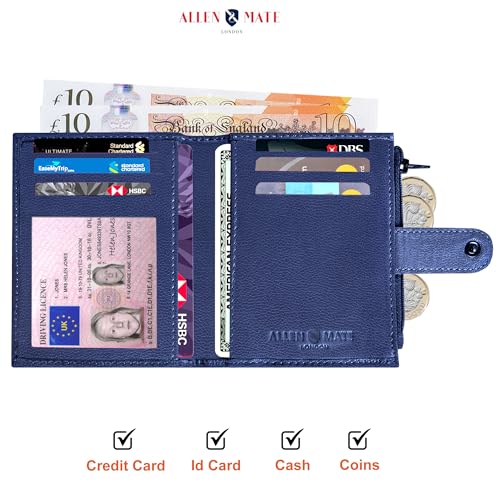ALLEN & MATE Leather Card Holder Slim Wallet with Zip Coin Pocket, RFID Blocking Minimalist Wallet Credit Card Holder, Holds up to 7 Cards and Bank Notes, with Gift Box